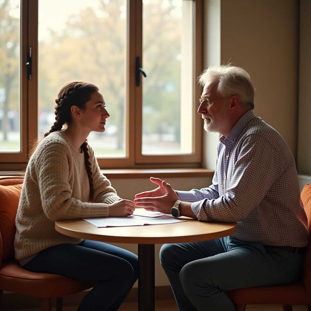 Mentor a mentee sedí u stolu během rozhovoru o zpětné vazbě